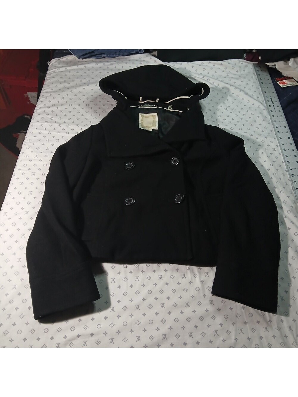 Vintage Old Navy Black Hooded Pea Coat Jacket Size L Double Breasted Wool Blend